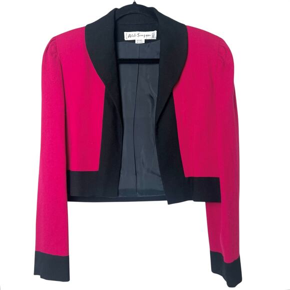 Vintage Adele Simpson Cropped Wool Pink Black Blazer Puff Sleeve Shawl Collar - Picture 1 of 9